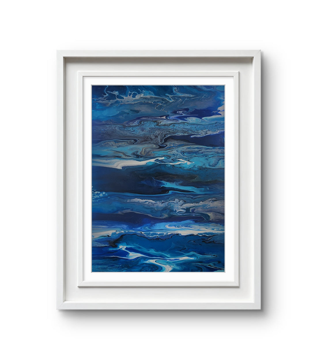 Abstract artwork with swirling various shades of blues. 